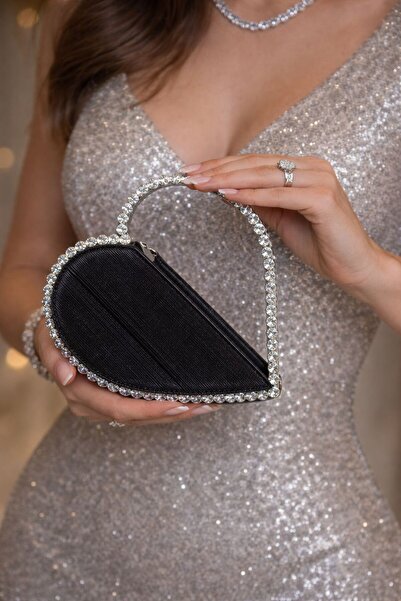 balbagss Kadın Abiye Nişan Düğün Özel Gün Kalp Şeklinde Taşlı Tasarım EL Çantası