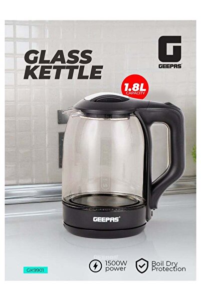 Geepas غلاية كهربائية زجاجية سعة 1.8 لتر GK9901B - 1500 واط، مقبض بارد الملمس