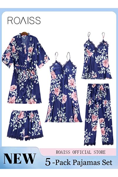 ROAISS 5 PCS Pajama Sets for Women Sweet Floral Printing Lace Edge Homewear Ladies Nightwear Silky Clothes