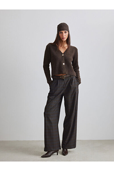 LC Waikiki Brown Standard Fit Plaid Women's Pleated Trousers