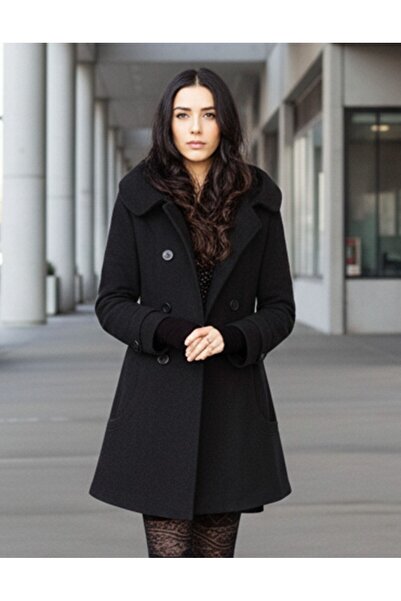 Toridas Buttoned Collar Detailed Black Women's Cashmere Coat