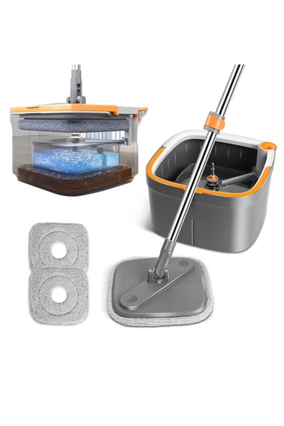 Primo Plus ممسحة دينكس الدوارة القابلة للعصر، دلو، وسادات ممسحة من الألياف الدقيقة، ممسحة تنظيف أرضيات بدون استخدام اليدين مع وسادتين