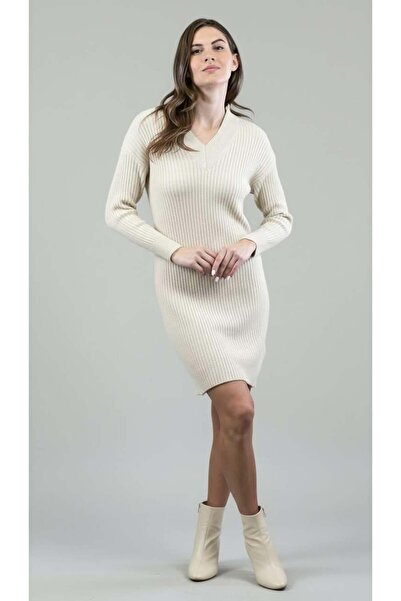 Miss Poem V Neck Corded Fabric Basic Women's Ecru Knitwear Dress