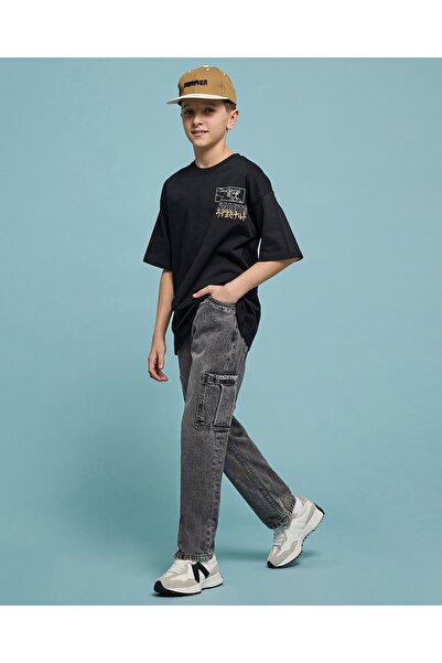 R&B بنطال جينز كارغو مغسول بإغلاق بأزرار