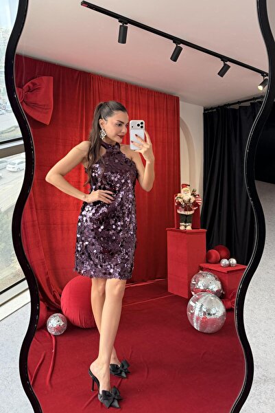 Gizem Ecemiş Lorina Mor Pul Payet Mini Elbise