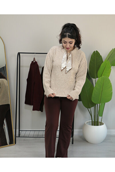 Femella Women Fashion Pulover tricotat de iarnă cu detaliu eșarfă la guler