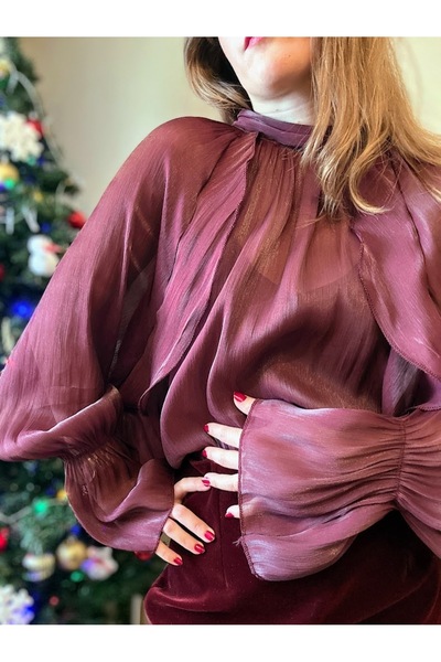 LUUN Bordo Renk İspanyol Kol Arkası Bağlamalı Transparan Gömlek