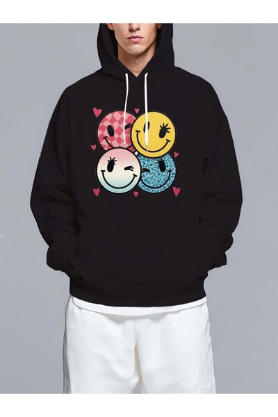 MIXSNOW سويت شيرت بغطاء رأس مطبوع قصة فضفاضة : أربعة وجوه مبتسمة ملونة - تصمي...