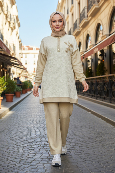Lale Butik Women's Beadwork Detail Glitter Knitted Fabric Tunic Pants Set 7323 Cream