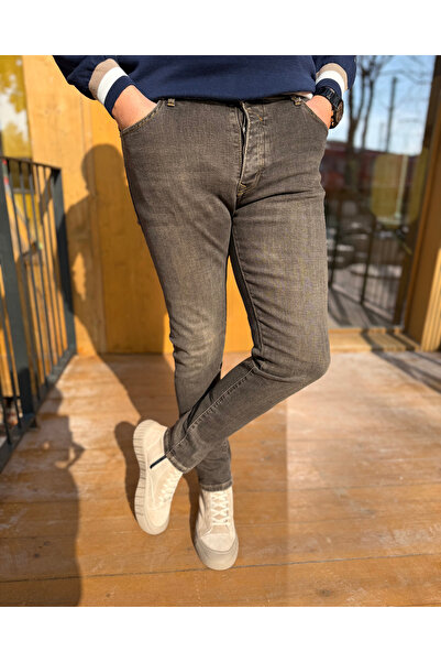 Avni Ceylan Men's Brown Denim Jeans with Stone Wash Detail