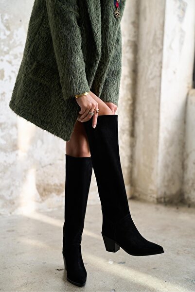 kalyoncu moda Amaris Gerçek Deri Siyah Süet Topuklu Kadın Çizme