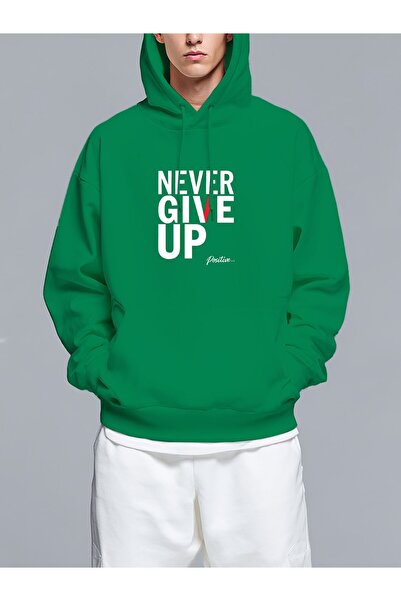 MIXSNOW سويت شيرت بغطاء رأس مطبوع قصة فضفاضة عبارة "لا تستسلم أبدًا" - تصميم ...