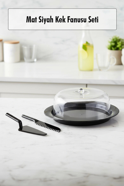 Depa Akrilik Mat Siyah Kek Fanusu ve Servis Seti - 33 x 39 x 14 cm
