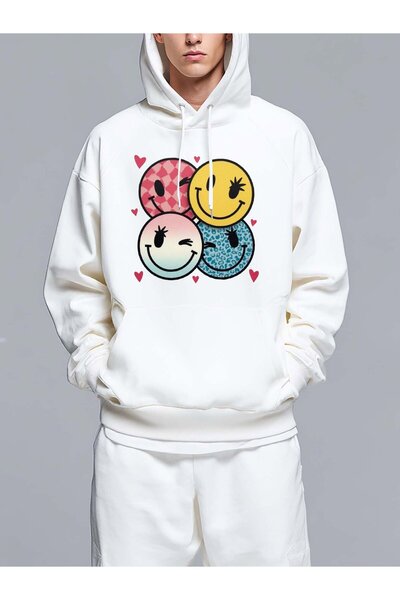 MIXSNOW سويت شيرت بغطاء رأس مطبوع قصة فضفاضة : أربعة وجوه مبتسمة ملونة - تصمي...