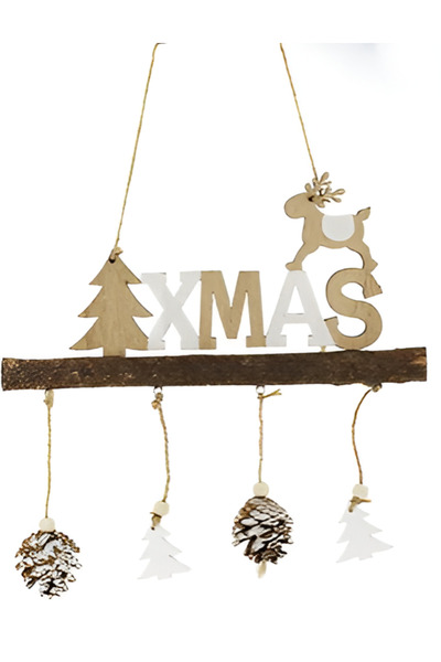 LUDIRO Christmas Decoration Made of Wood and Fir Cones, with Reindeer Figurine, 27x16 cm, White Brown