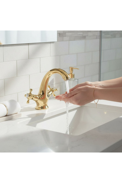 İSAOĞLU YAPI حنفية حوض غسيل ذهبية بتصميم كلاسيكي من النحاس، سلسلة خاصة من الحنفيات