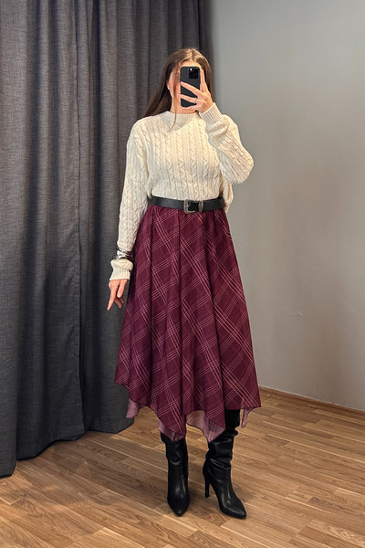 Sorridi Fusta lungă din șifon cu model în carouri și croială asimetrică