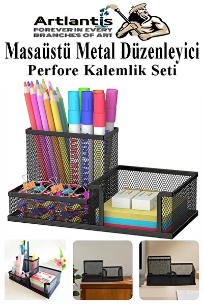 Artlantis Masaüstü Metal Kalemlik Seti 3 lü Kombo 1 Paket Fileli Perfore Past...