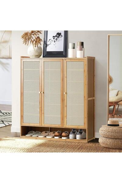 Bin Shihoun خزانة أحذية بثلاثة أبواب من خشب البامبو الطبيعي