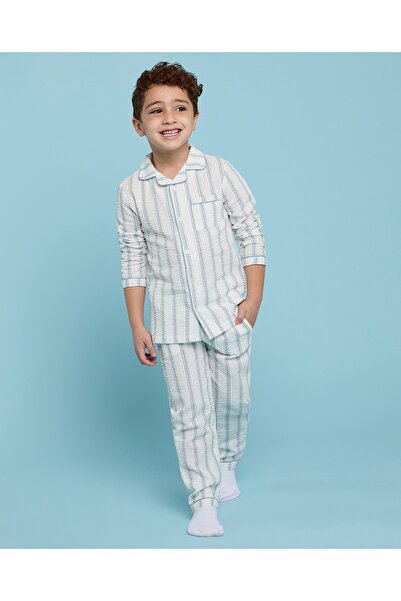 R&B طقم بيجاما مخطط باللون الأزرق اللامع للأولاد