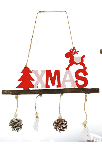 LUDIRO Christmas Decoration Made of Wood and Fir Cones, with Reindeer Figurine, 27x16 cm, White and Red