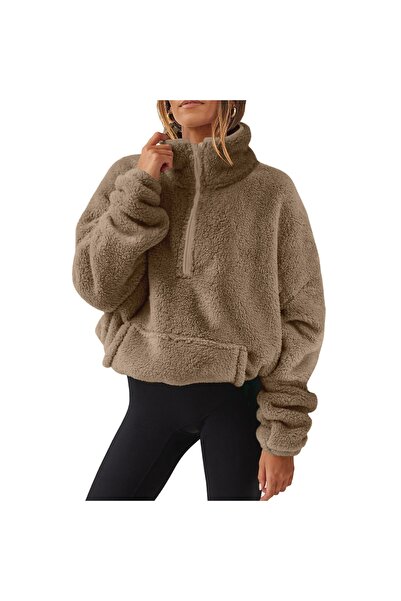 NO BRAND Women's sweater, double-sided fleece, thickened, half-zip stand-up c...