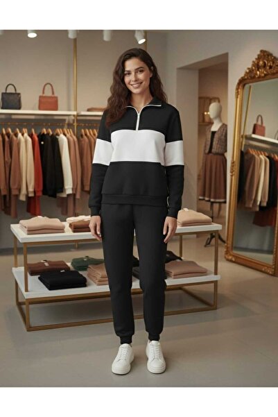 LiyAdaCo Black and White Plain Patchwork Polo Neck Bottom Top Tracksuit Set