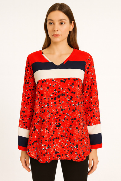 Nuevo Bluză de damă cu mânecă lungă, din țesătură crep, cu model roșu și bloc...