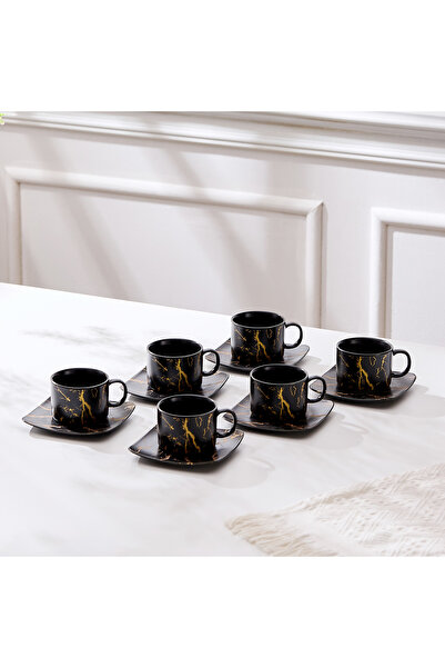 Malooki Set 6 cești de cafea pentru persoană 180 ml cu farfurioare - marmură neagră și aurie