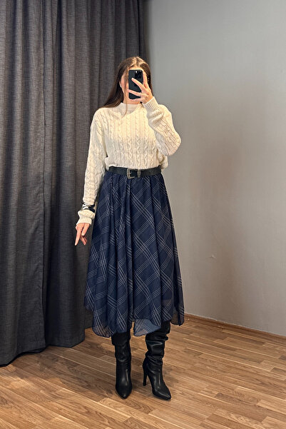 Sorridi Ekose Desenli Asimetrik Kesim Şifon Uzun Etek