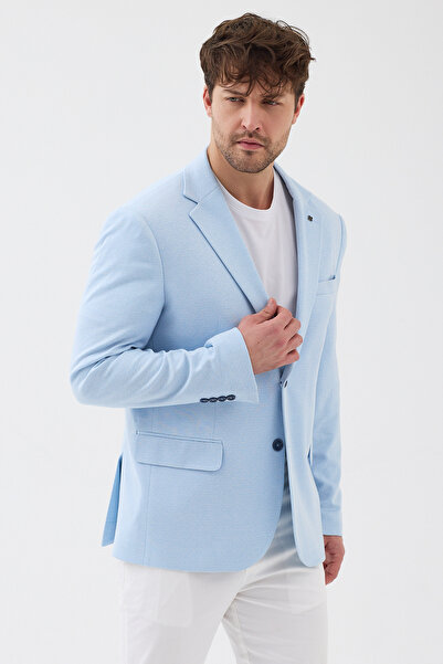 Frappoli Puar Men's Ice Blue Flexible Stretch Fabric Cotton Blended Slim Fit Spring-Summer Sports Blazer Jacket