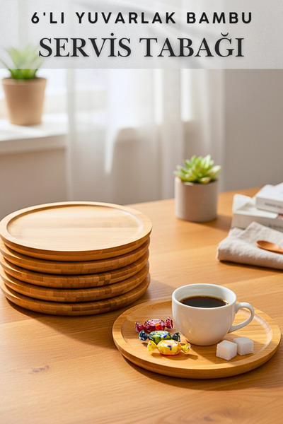 Penthouse 6 Adet Yuvarlak Bambu 20 x 20 cm Servis Tabağı, Sunumluk