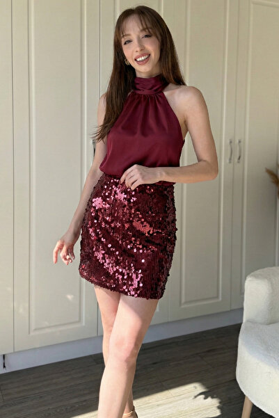 Dilay Gökoğlu Butik Pullu Mini Bordo Etek