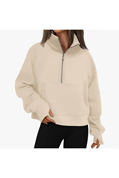 NO BRAND Women's pullover, short hooded, zippered, fleece lined, thickened, wit