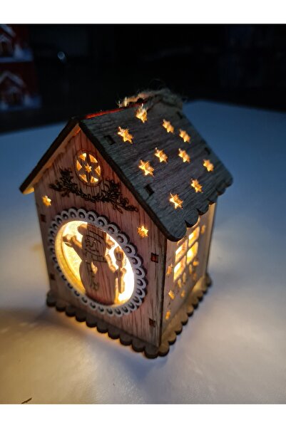 LUDIRO Christmas Decoration Wooden House, with Snowman Figurine in Relief, Illuminated, 9 cm