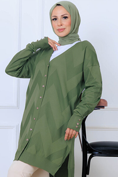 benguen Patterned Long Mercerized Cardigan N3193 Çağla