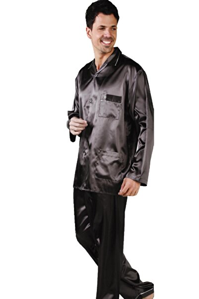 ANCELO Ανδρικό σετ πιτζάμες από σατέν, με κουμπιά και λεπτομέρεια τσέπης