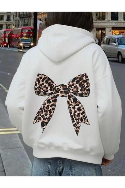 Bozz&Bozz Collection White Leopard Bow Back Printed Hooded Kangaroo Pocket Sweatshirt Hodie