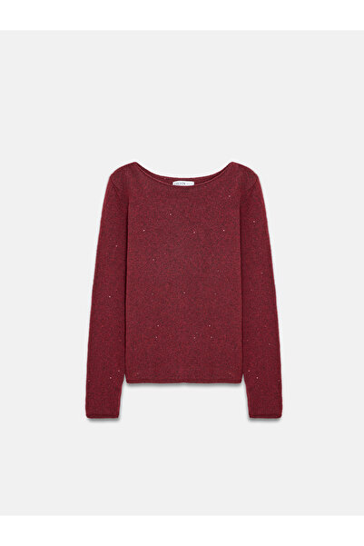 Dilvin 10836 Wool Blend Glitter Boat Neck Sweater-Burgundy