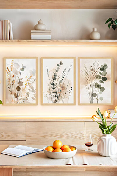 kutuTR 3’lü Çerçeve Görünümlü MDF Tablo Seti – Doğal Botanik Bitkiler – 2D UV...