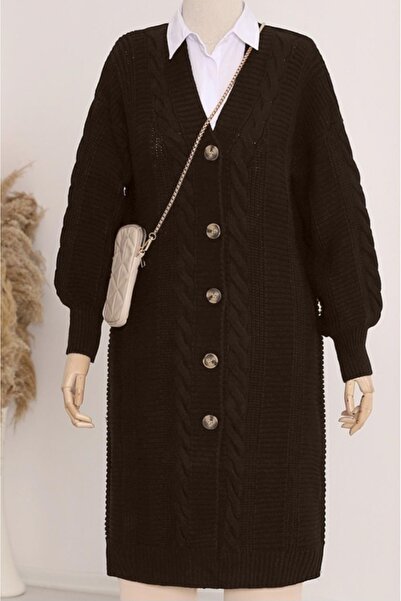 Vaniza Long Sleeve Buttoned Knit Cardigan with Hair Braid Detail