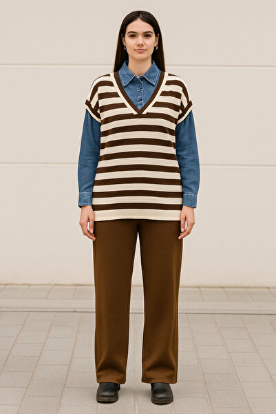 bezeXL Plus size sleeve collar denim brown double knitwear set