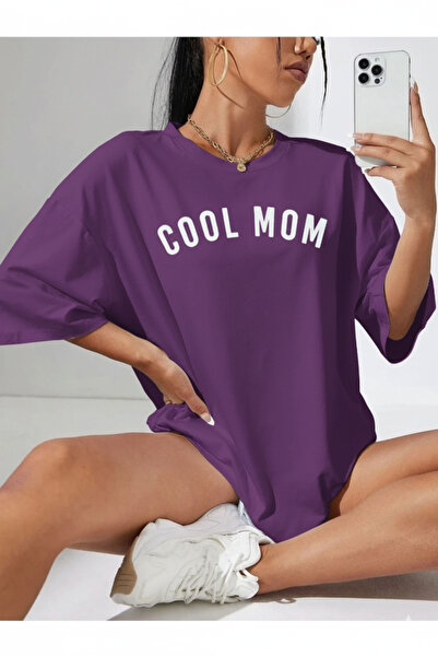 MARECASH Kadın Pembe Cool Mom (BEYAZ BASKILI) Hamile Tişört %100 Pamuk