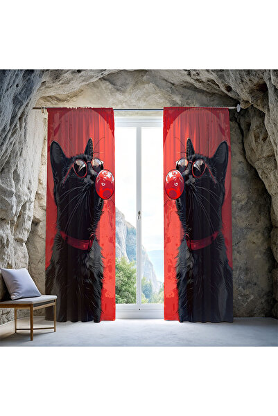 BalabanArt Kedi Baloncuk Kırmızı Siyah Dijital Baskılı Fon Perde