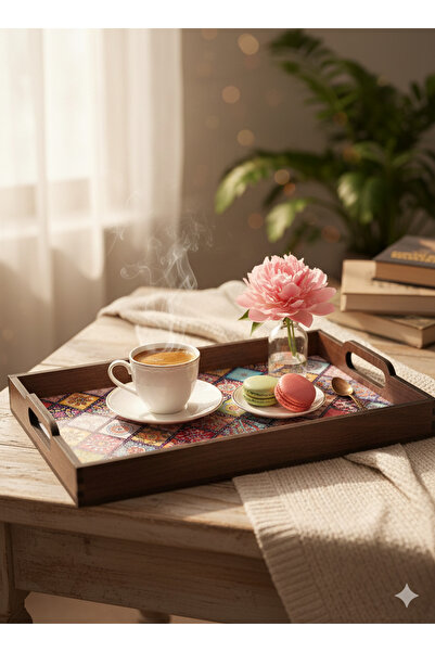 Altın express مجموعة صواني تقديم الشاي والقهوة الخشبية ثلاثية الأبعاد من MDF - صينية تقديم بنمط عرقي متشابك