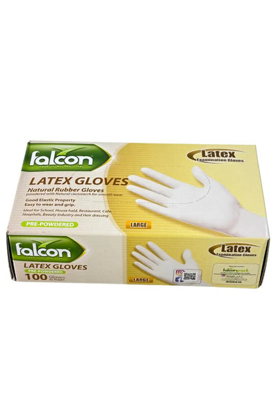 Falcon Pre Powdered Natural Rubber Latex Gloves, Large- 100 Gloves