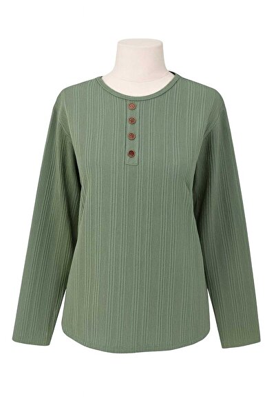 Nacar Moda Women's Stretch Fabric Winter Knitwear for Middle-Aged and Older Women, Green Mother Combed Cotton Blouse, New Season Twist Patterned