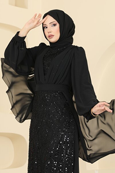 ModaMerve Drape Detaylı Boncuklu Abiye 5725EDF311-MS Siyah