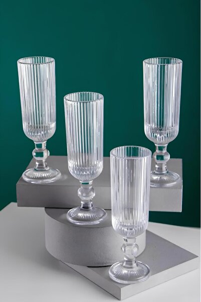 çukurova home Zarif Yüksek Ayaklı Çizgili 4'lü Cam Bardak Seti - Kahve Yanı Bardak 160 ml