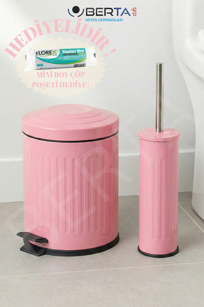 Berta Hijyen Vintage Banyo Seti Pembe Çöp Kovası 5lt Tuvalet Fırçası Lüks Model - Mini Boy Çöp Poşeti Hediyelidir